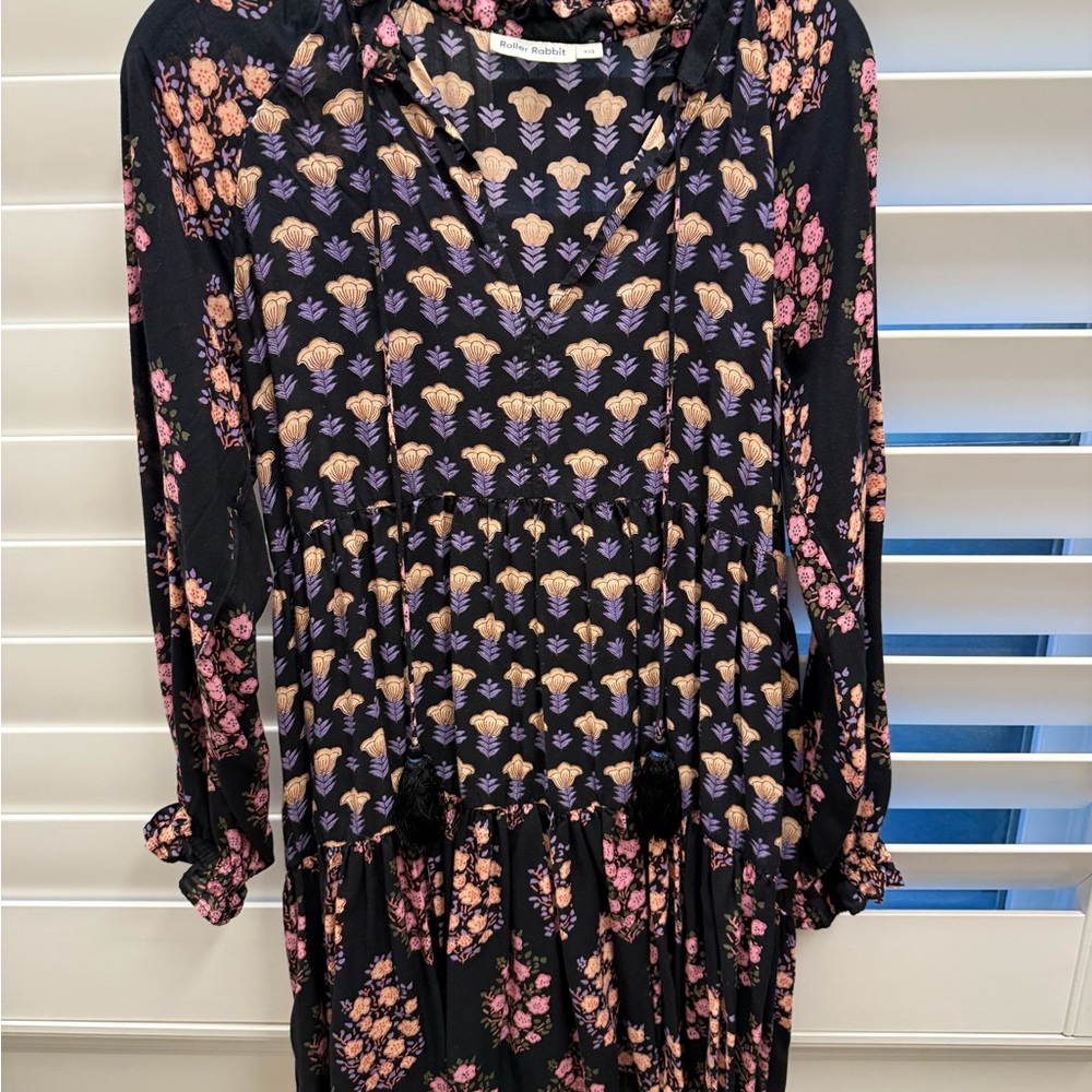 Roller Rabbit Black Dress with Pink and Purple Floral Design